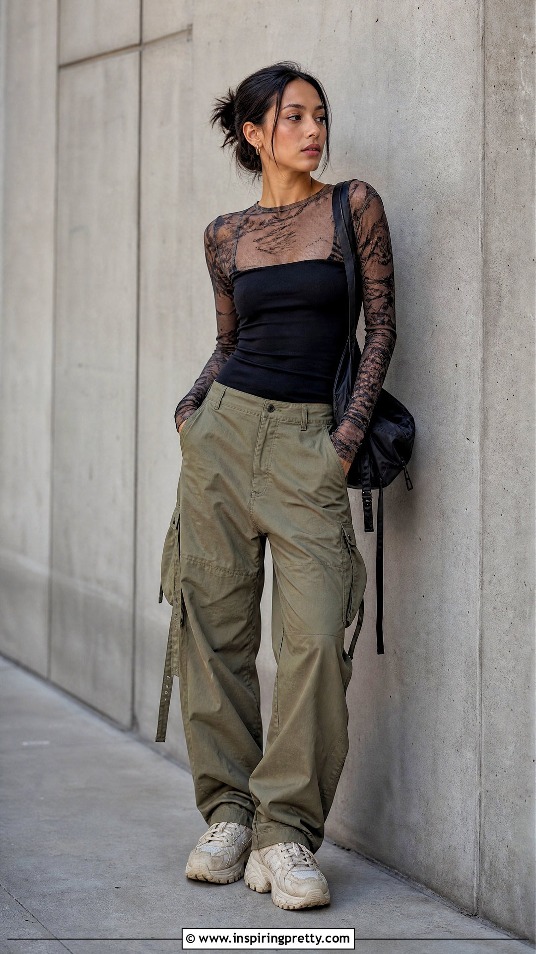 Mesh Long Sleeve Top With Cargo Pants - 50 aesthetic tops for women