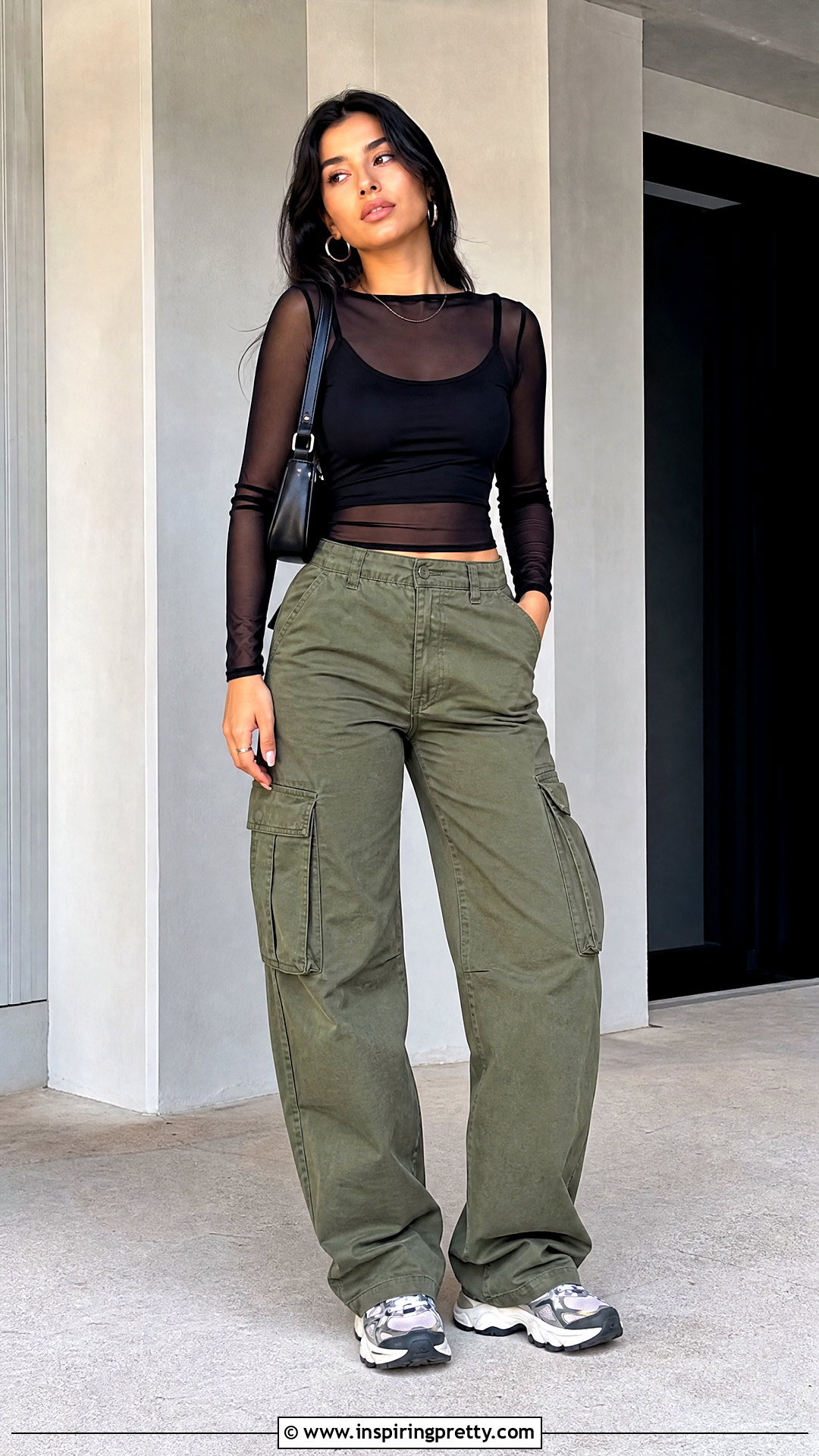 Mesh Long Sleeve Top With Cargo Pants - 50 mesh long sleeve top outfit ideas