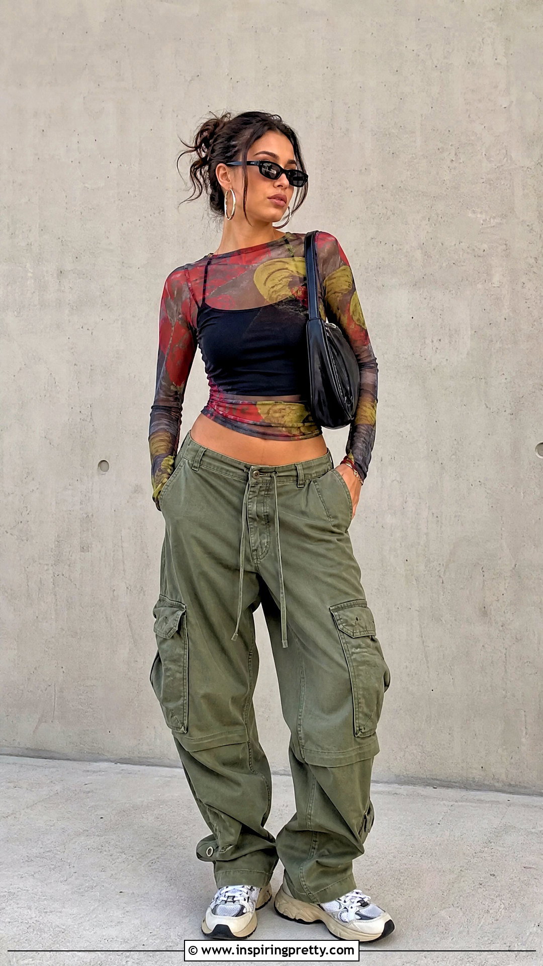 Mesh Long Sleeve Top With Cargo Pants - 50 2000 tops outfit ideas