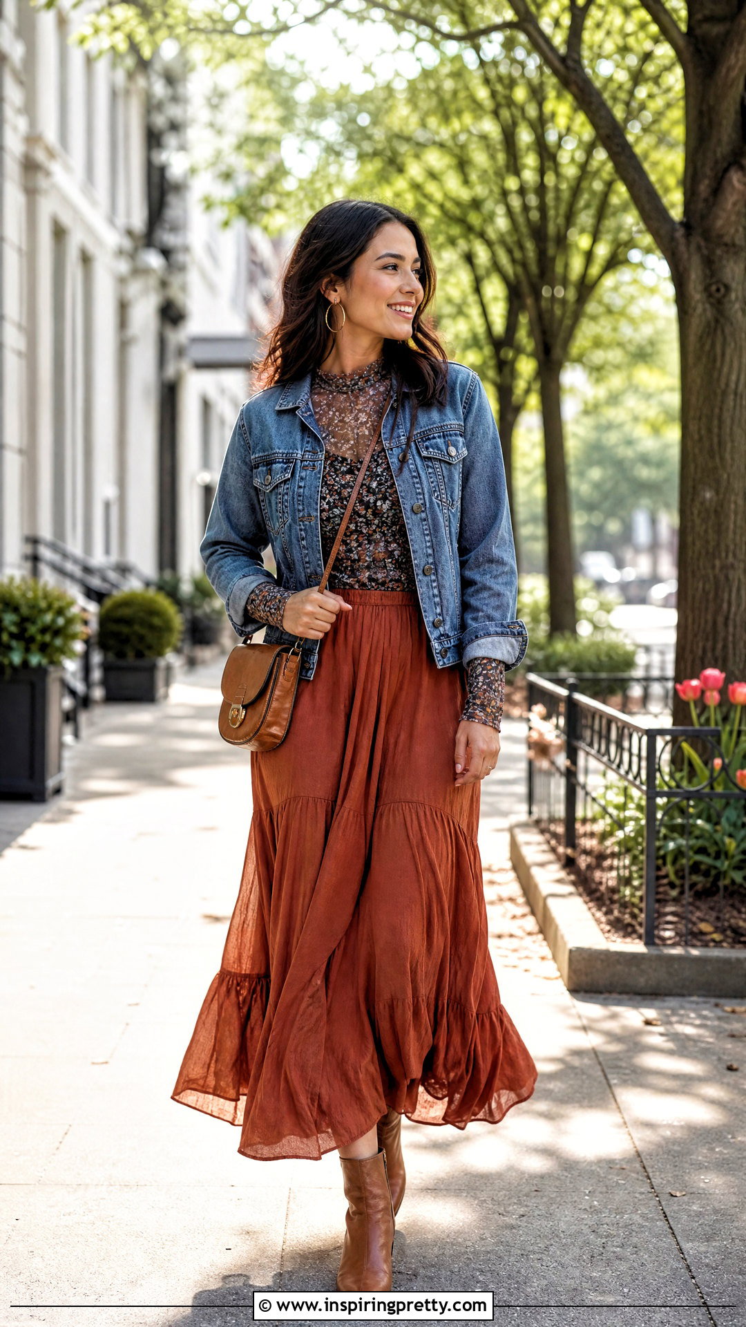 Mesh Long Sleeve Top With Denim Jacket And Maxi Skirt - 50 mesh long sleeve top outfit ideas