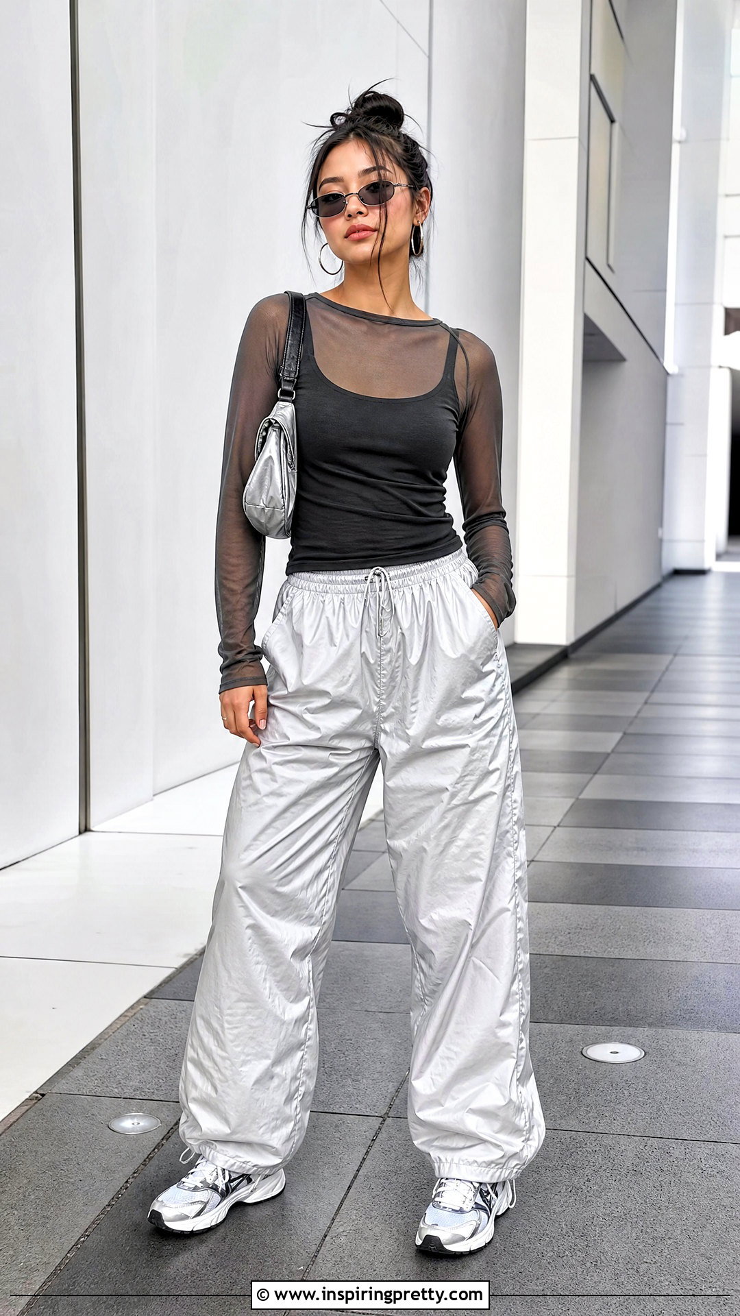Mesh Long Sleeve Top With Parachute Pants - 50 mesh long sleeve top outfit ideas