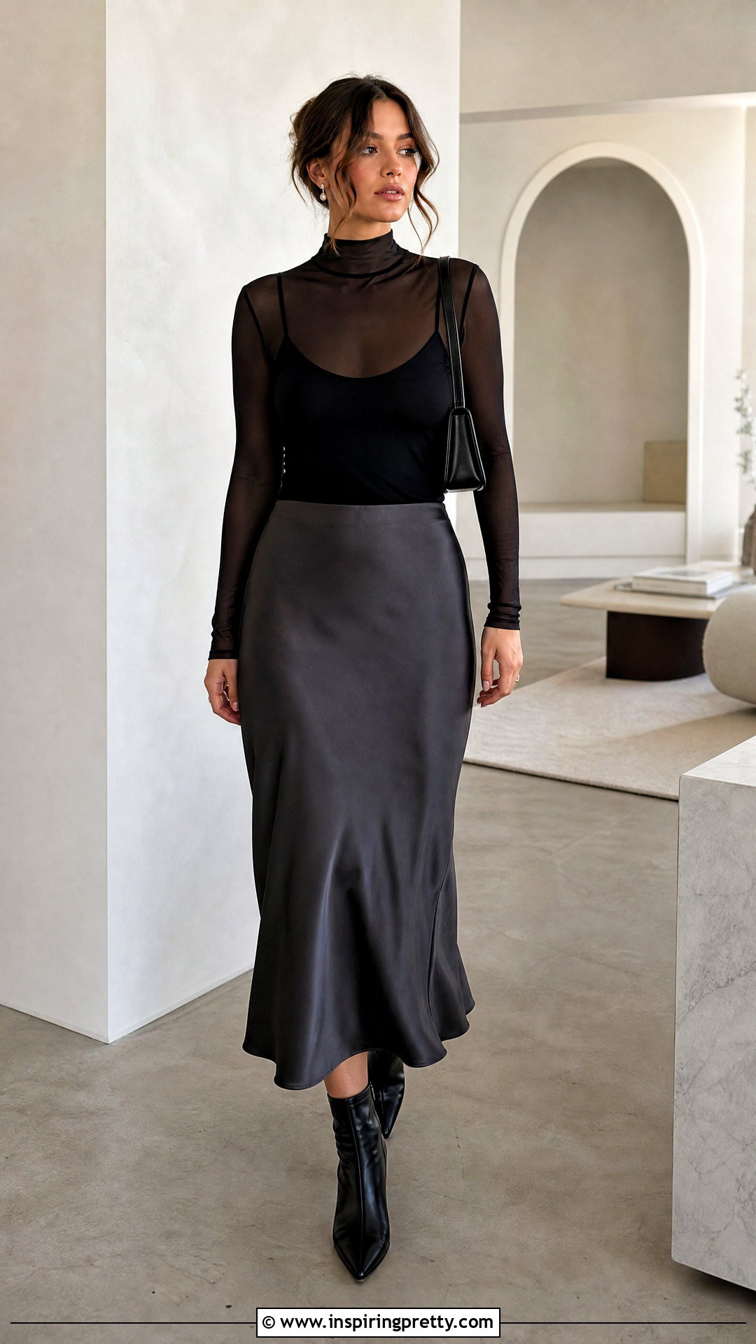 Mesh Mock Neck Top With Slip Skirt - 50 mesh long sleeve top outfit ideas