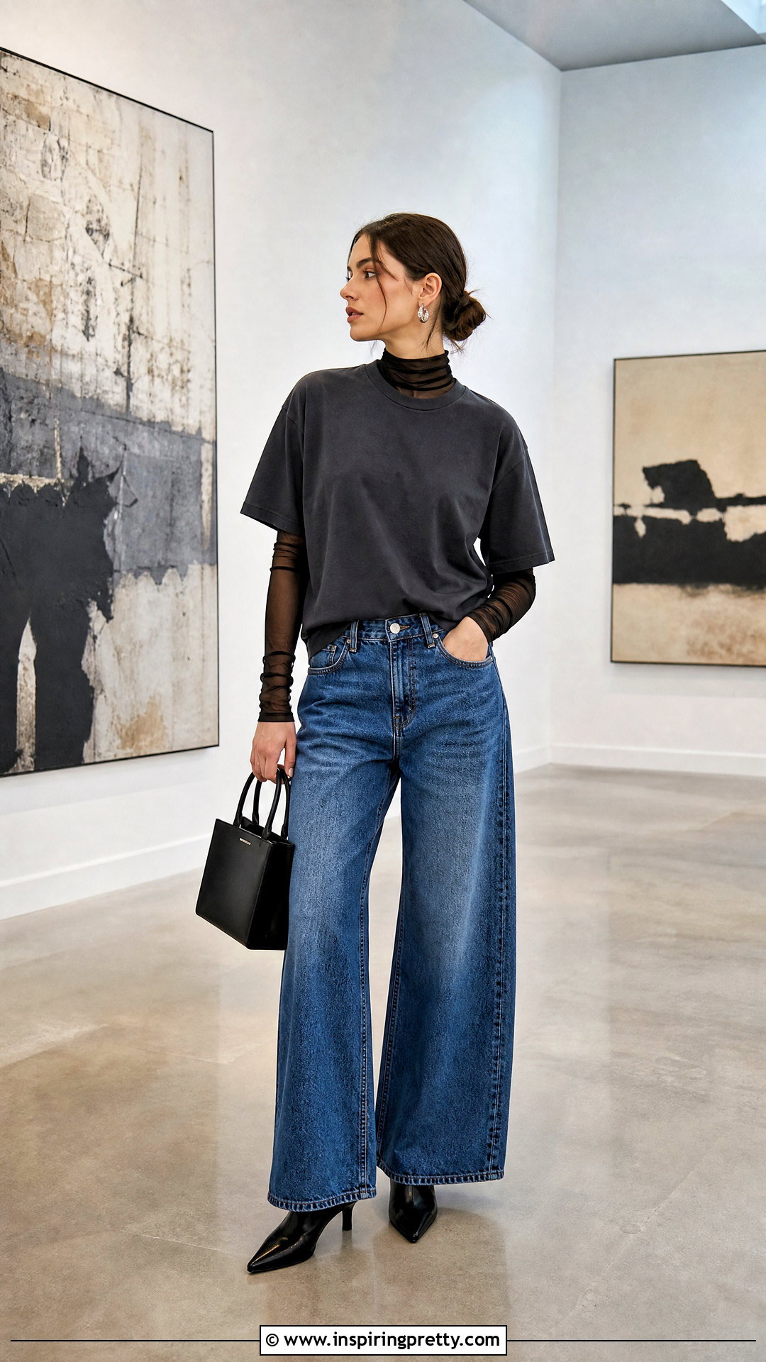 Mesh Mock Neck Under Boxy T Shirt Outfit - 20 mock neck top outfit layered t shirts
