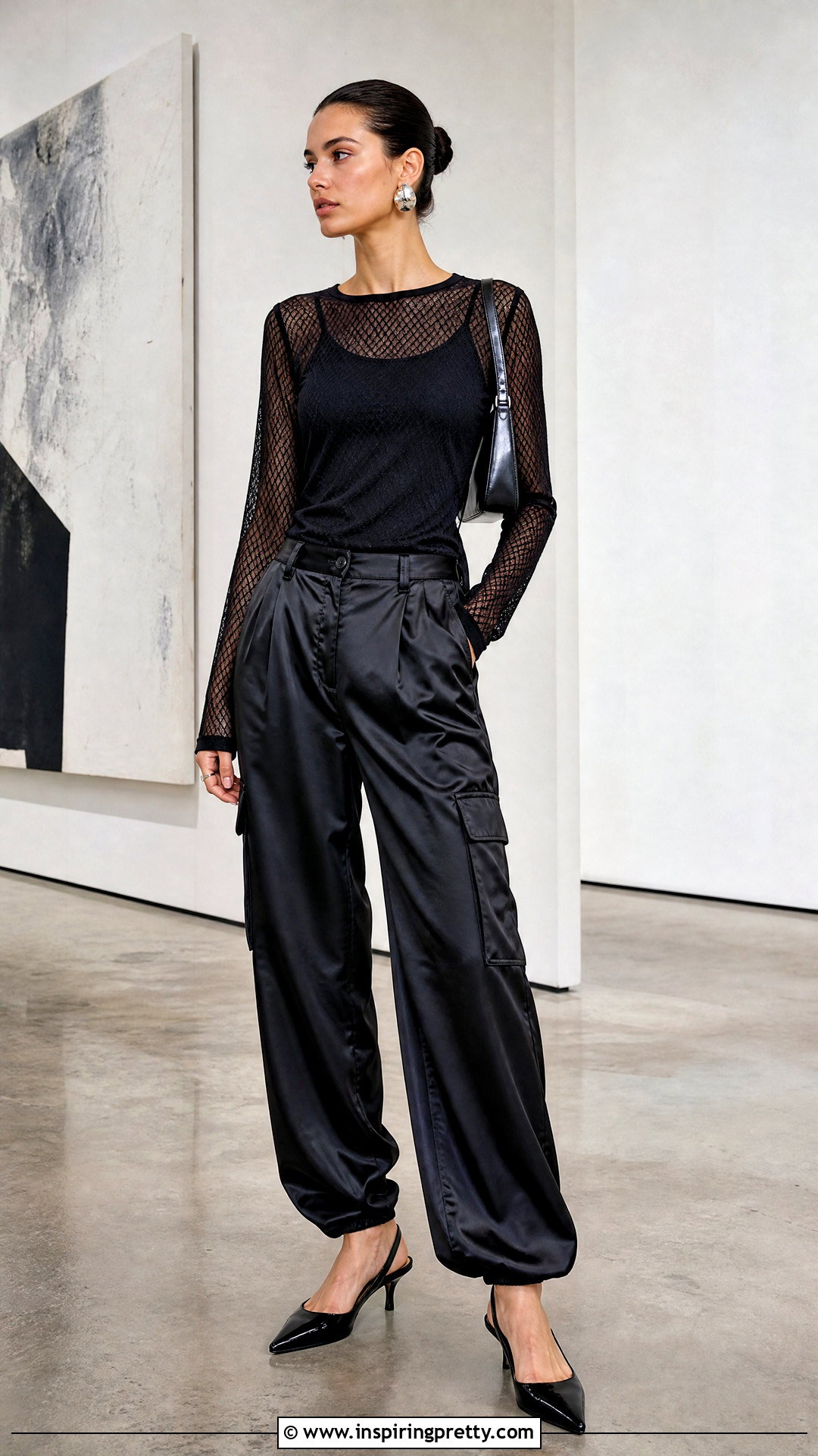 Mesh Overlay Top With Satin Cargo Pants - 50 fancy tops outfit ideas