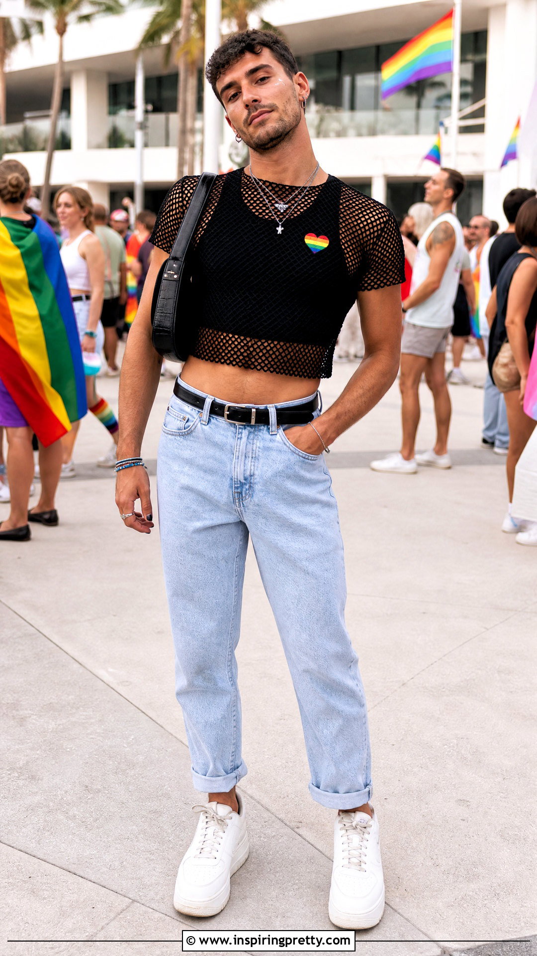 Mesh Pride Crop Top With High Waisted Jeans - 20 pride crop top men outfit ideas