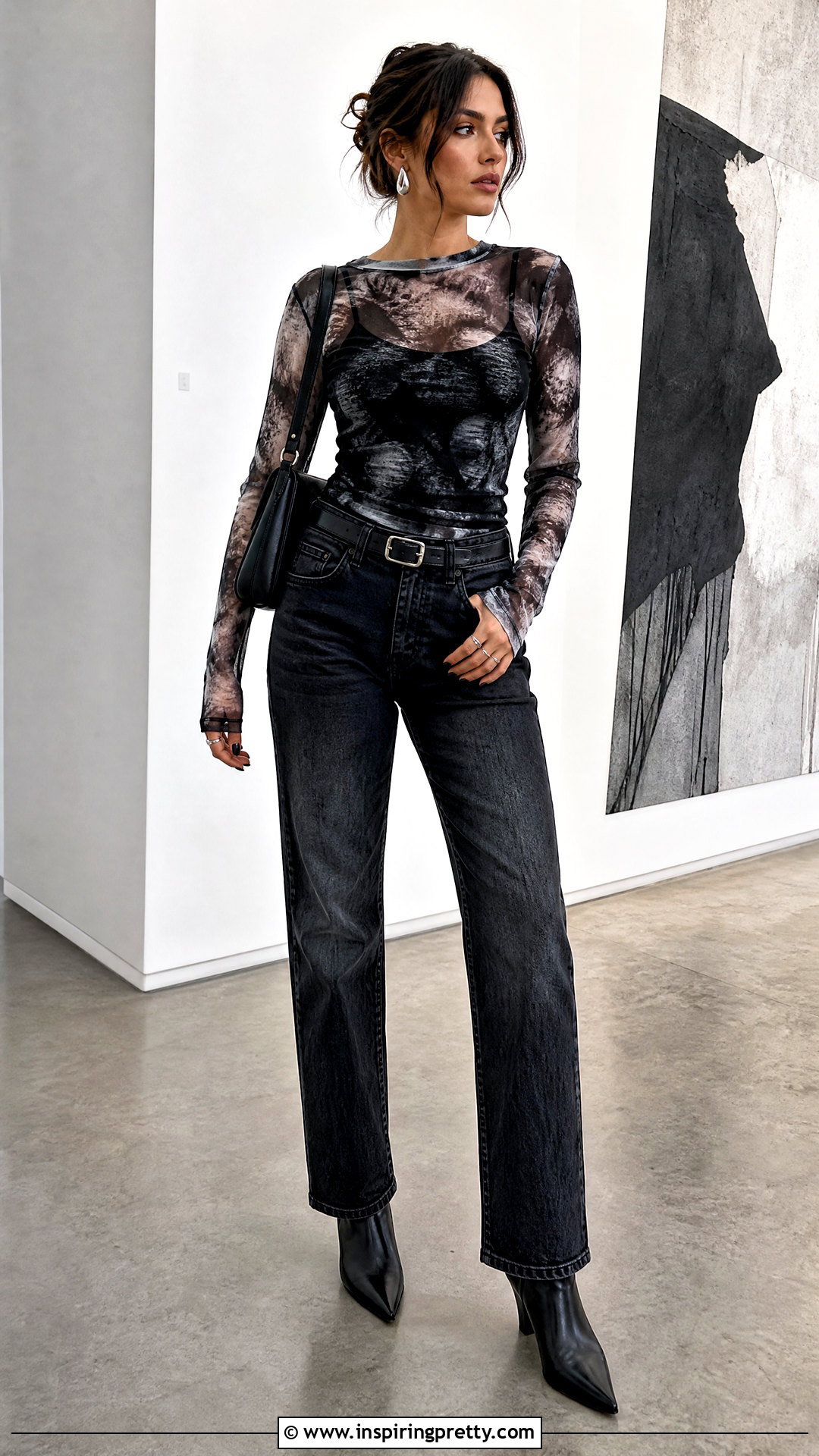 Mesh SHEIN Top With Black Cami And Jeans - 50 shein tops outfit ideas