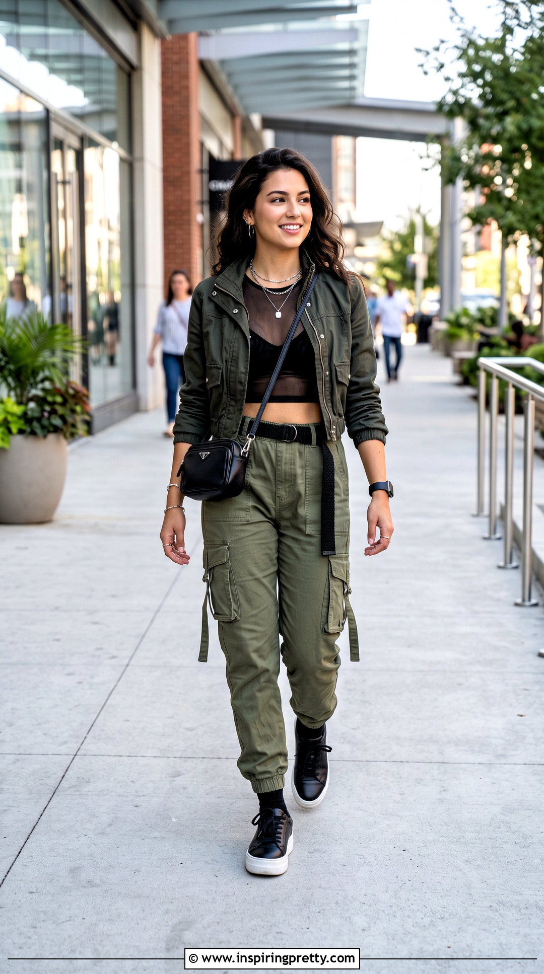 Mesh Sheer Bralette Top With Cargo Pants - 20 sheer bralette top outfit ideas