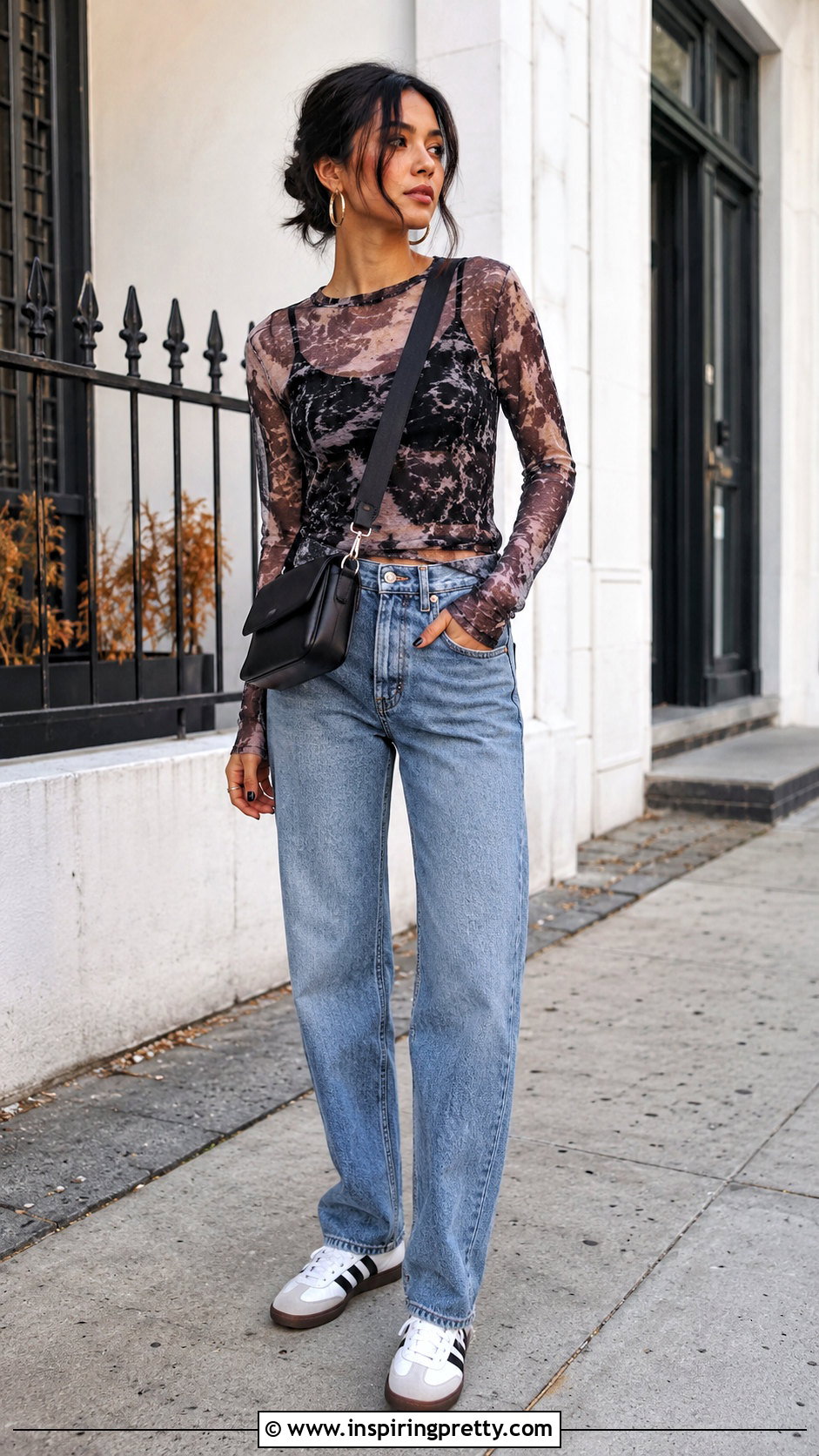 Mesh Sheer Long Sleeve Top With Straight Leg Jeans - 50 sheer long sleeve top outfit ideas
