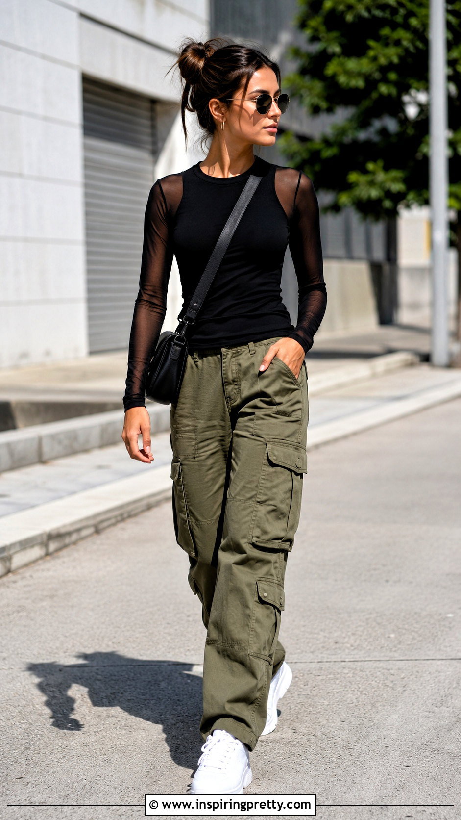 Mesh Sheer Panel Top With Cargo Pants - 20 Sheer Panel Fashion Top outfit ideas