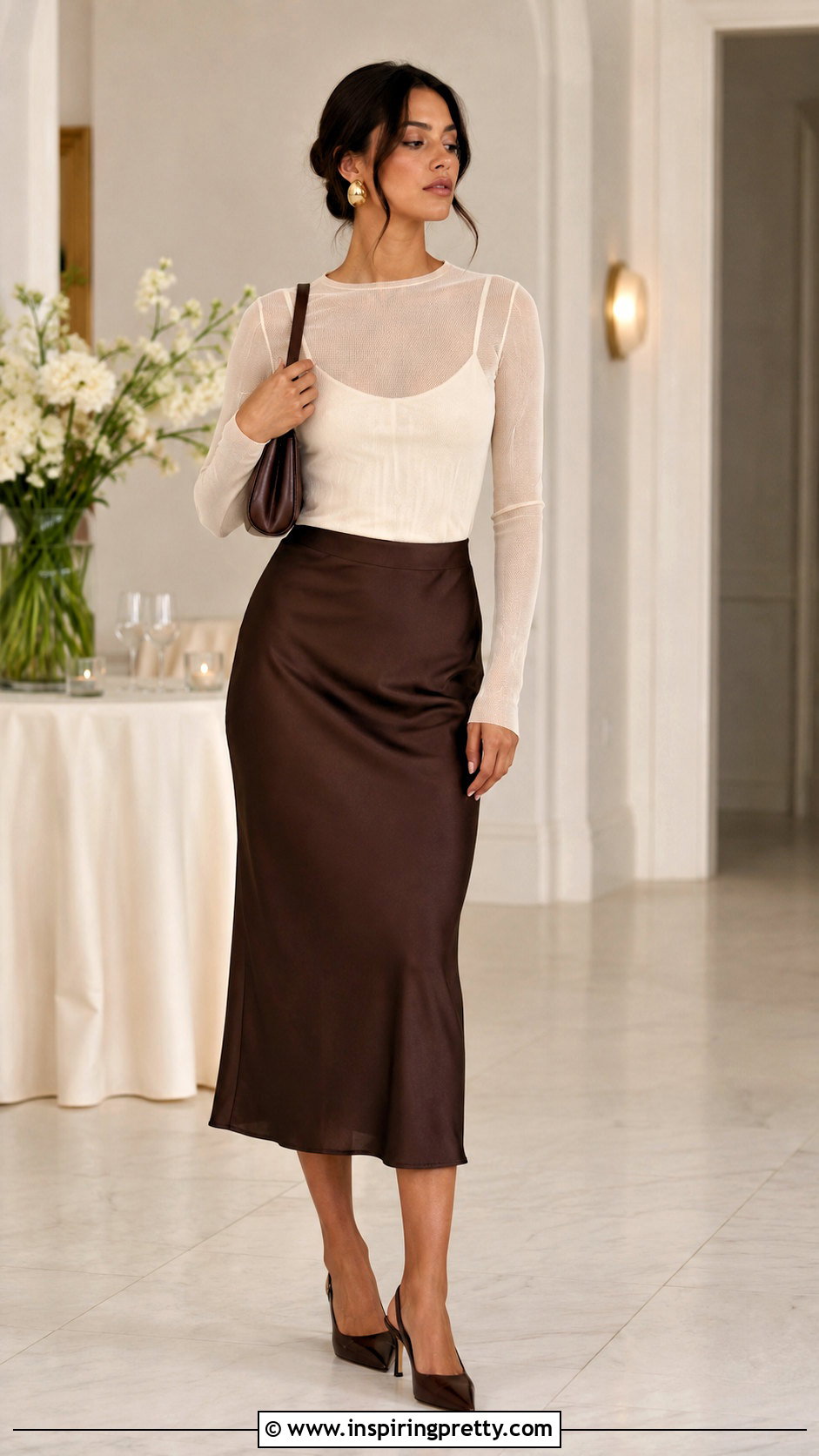 Mesh Sheer Top With Satin Midi Skirt - 20 mesh sheer top outfit ideas