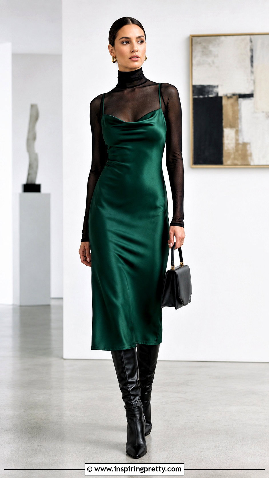 Mesh Sheer Turtleneck Under A Slip Dress - 20 mesh sheer top outfit ideas