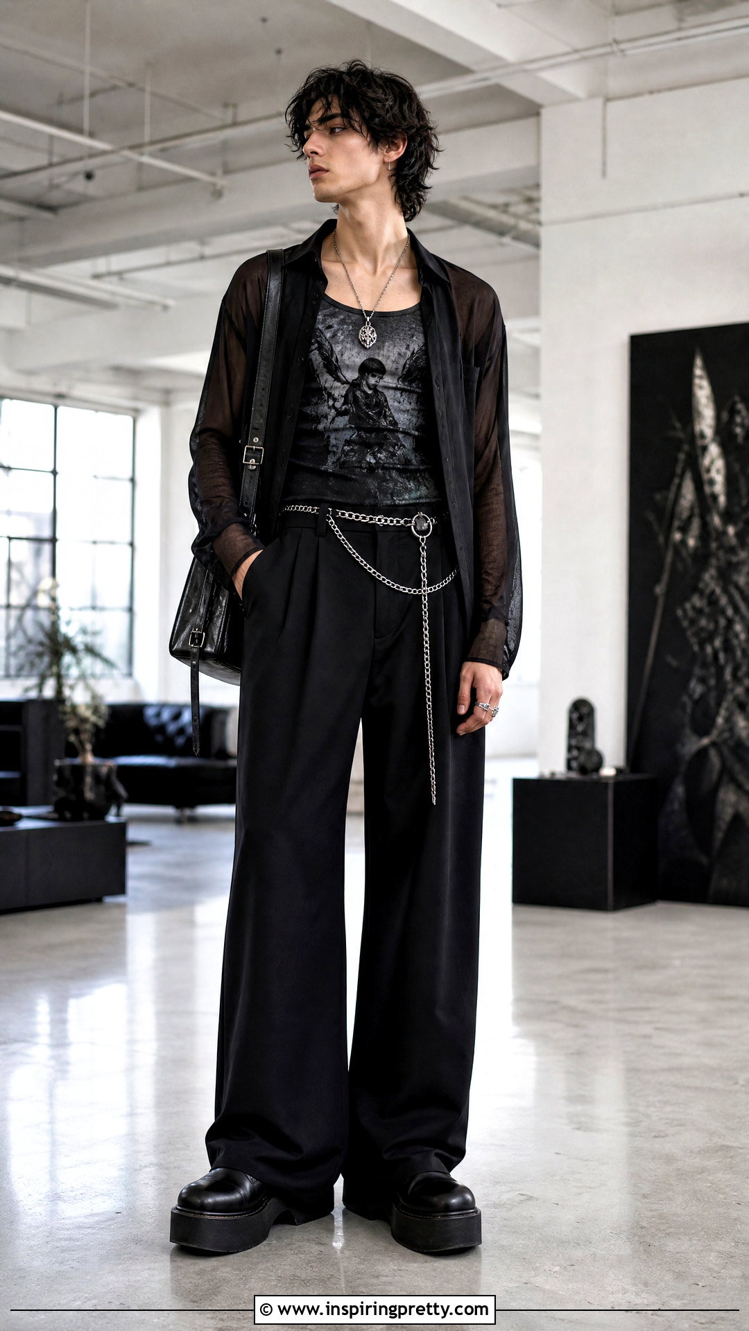 Mesh Shirt Over A Goth Tank Top With Wide Leg Pants - 25 Goth Tank Top Men outfit ideas