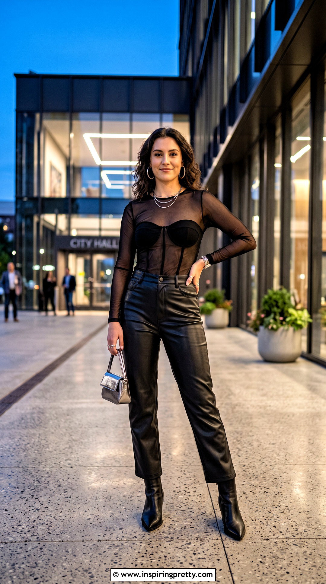 Mesh Sleeve Bustier Top With Faux Leather Pants - 25 bustier top long sleeve outfit ideas
