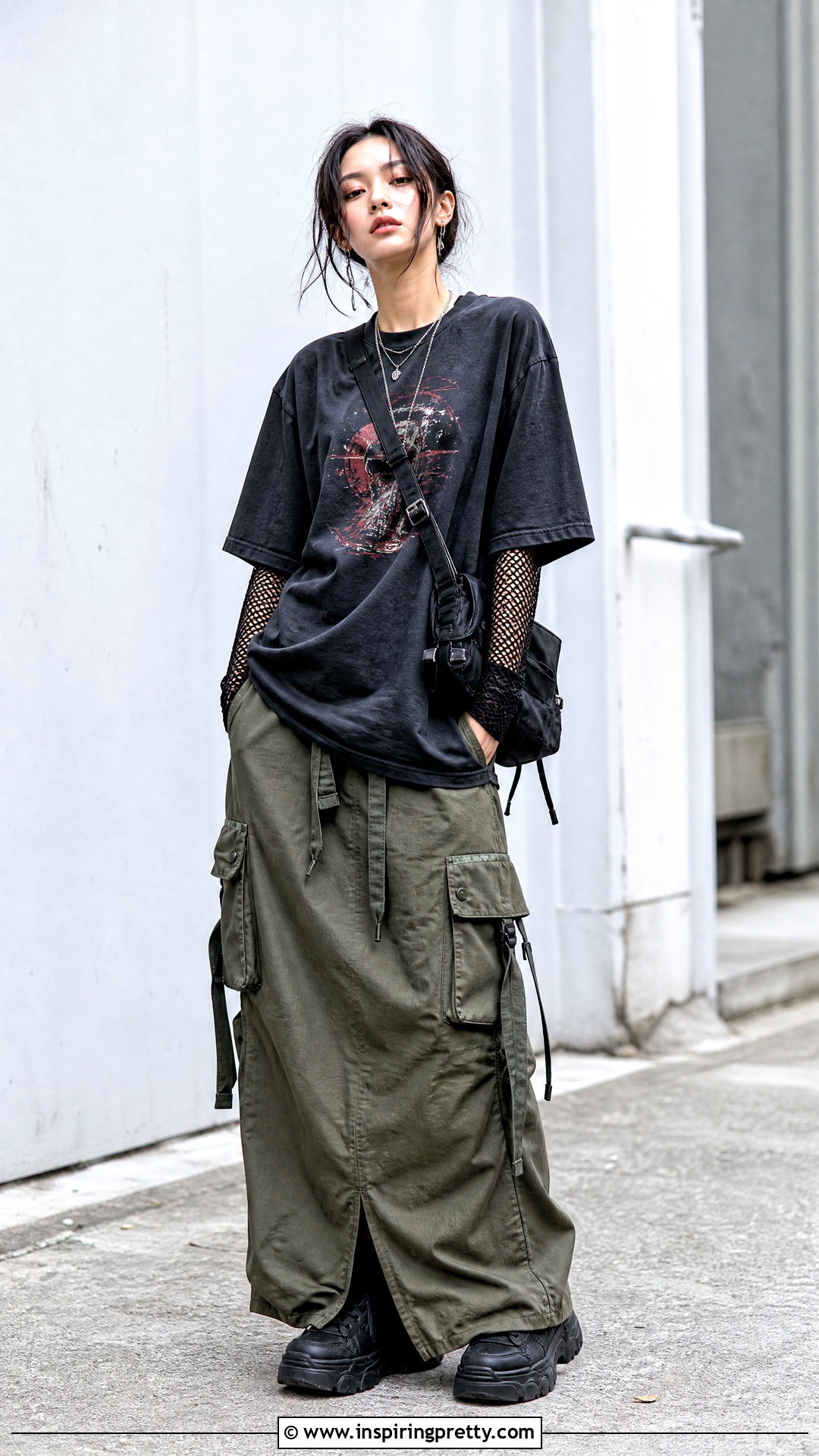 Mesh Top Under A Graphic T Shirt With Cargo Skirt - 50 mesh top outfit ideas