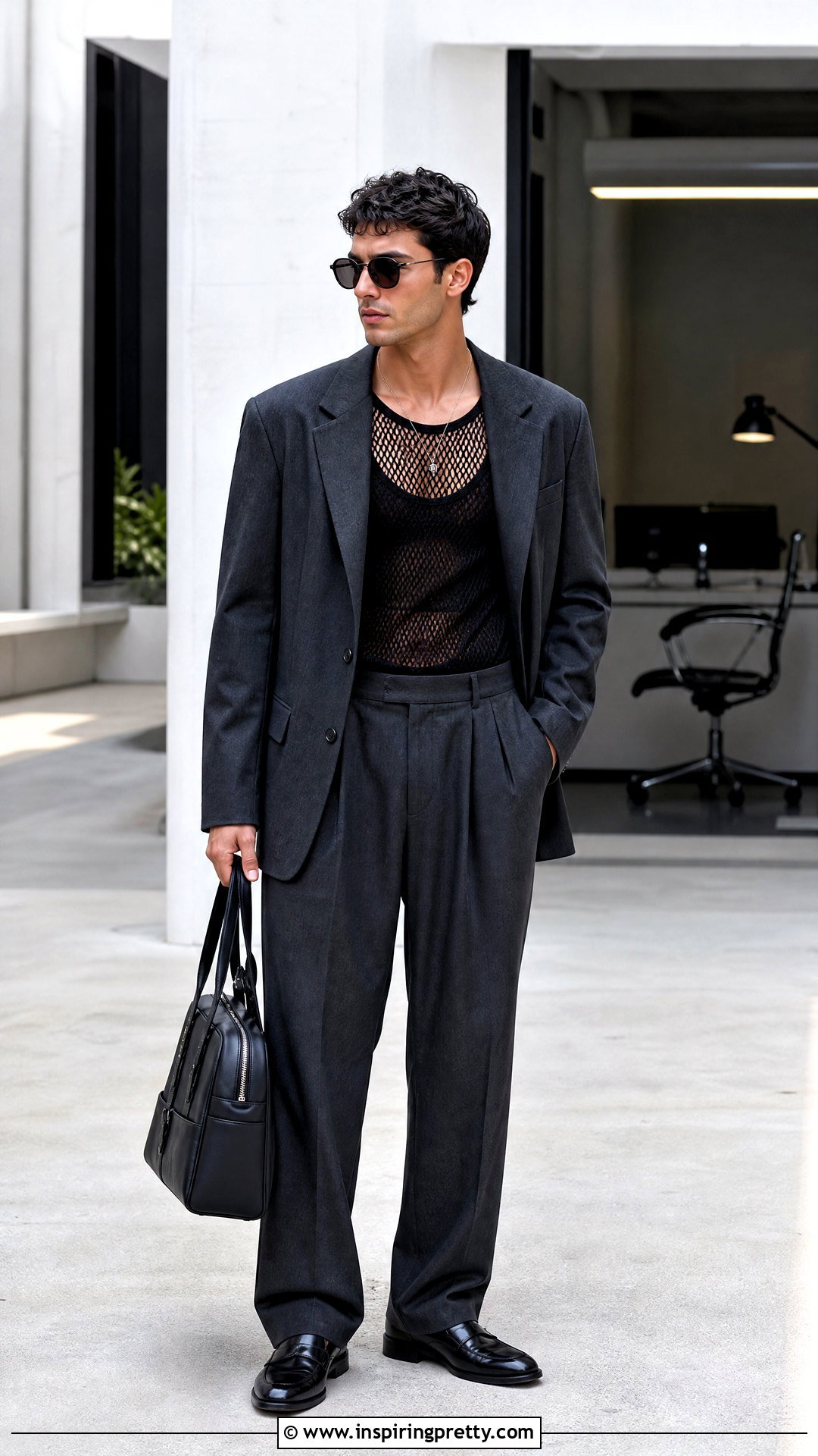 Mesh Top Under An Oversized Blazer - 20 men’s mesh top outfit ideas