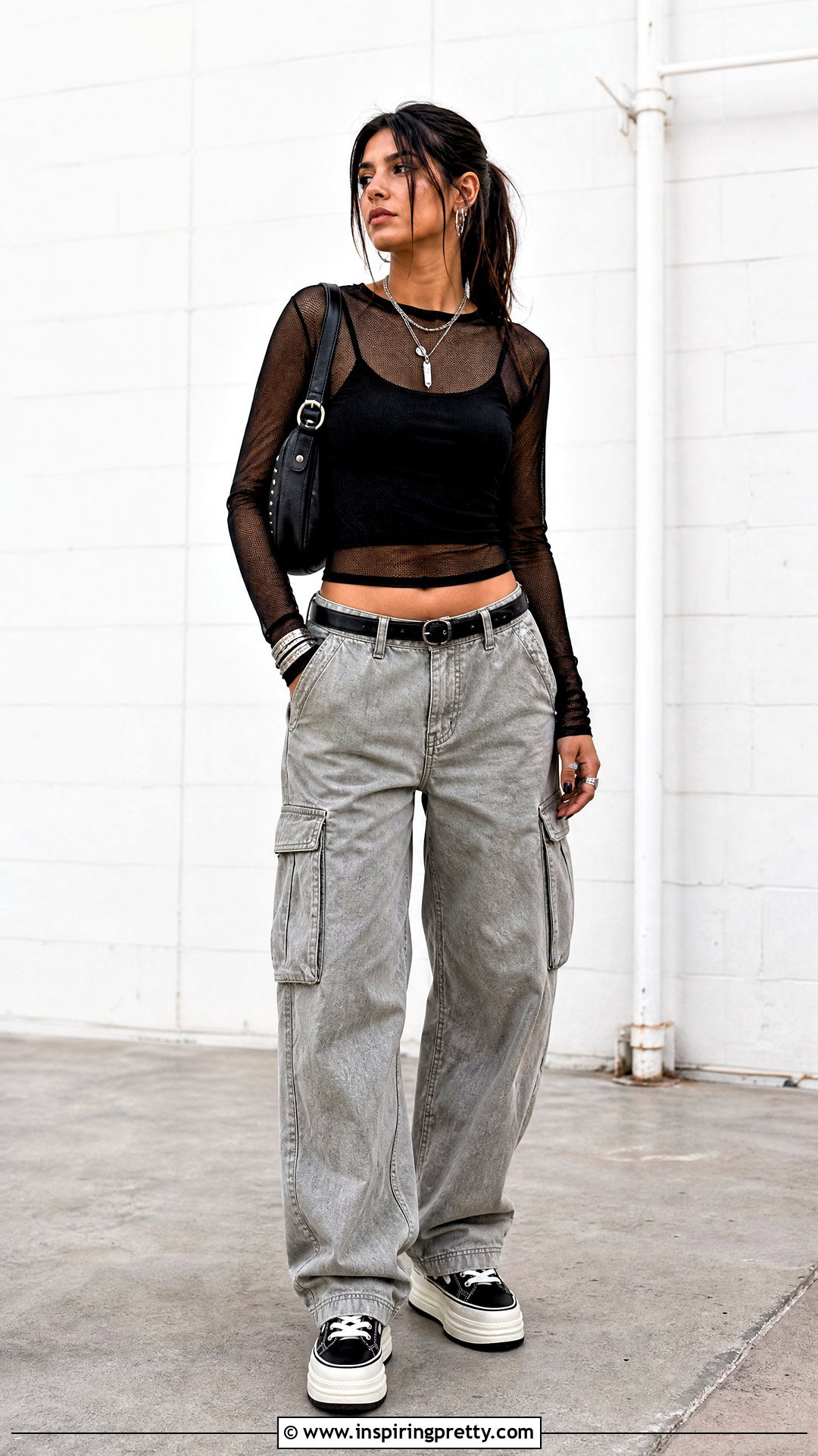Mesh Top With A Camisole And Cargo Pants - 50 trendy fashion tops outfit ideas