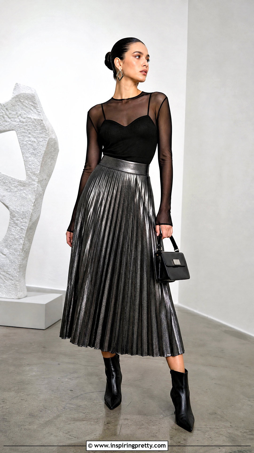 Mesh Top With A Metallic Midi Skirt - 50 mesh top outfit aesthetic ideas