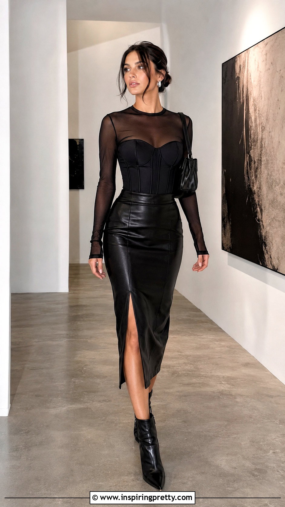 Mesh Top With Corset And Faux Leather Skirt - 20 mesh top corset outfit ideas