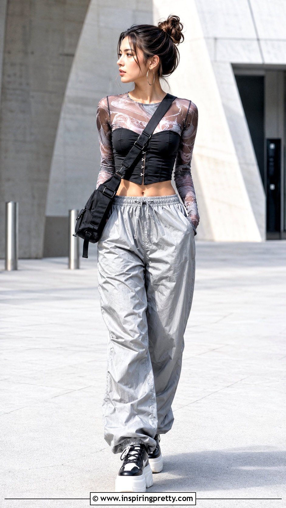 Mesh Top With Corset And Parachute Pants - 20 mesh top corset outfit ideas