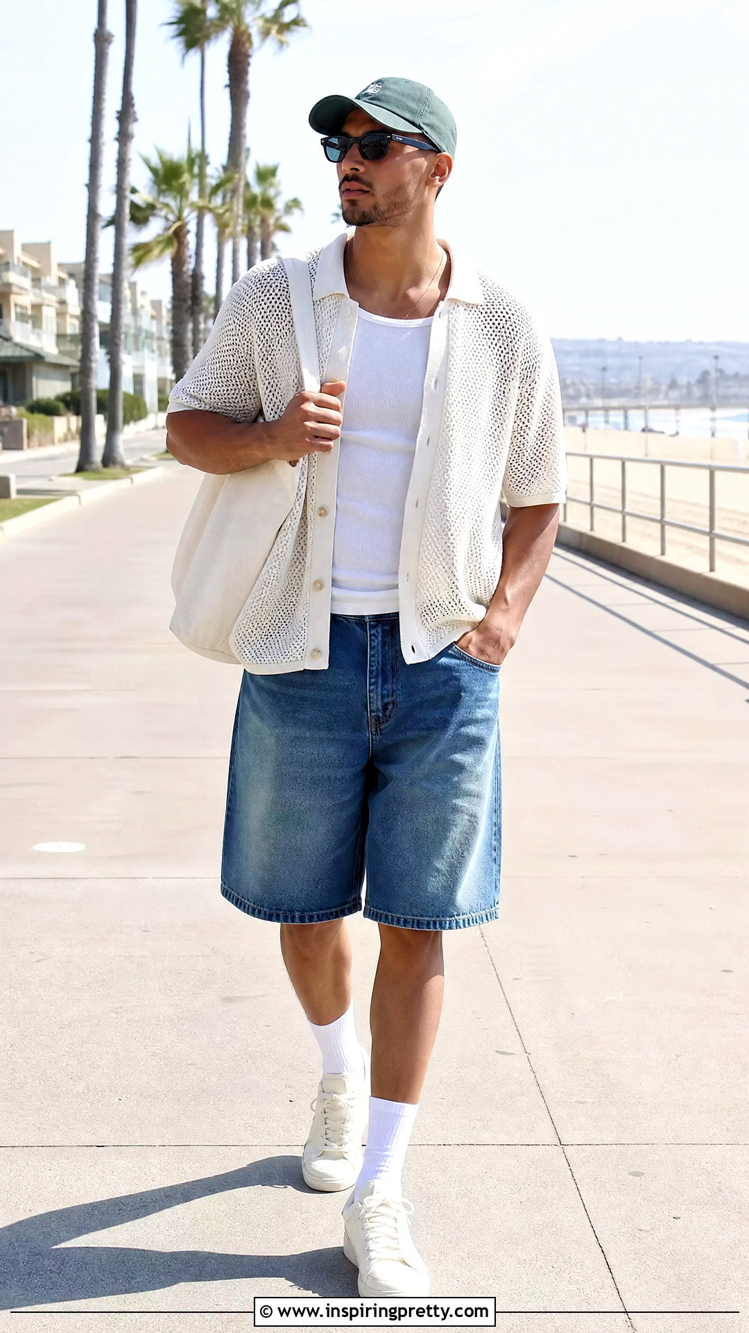 Mesh Top With Denim Shorts - 20 men’s mesh top outfit ideas