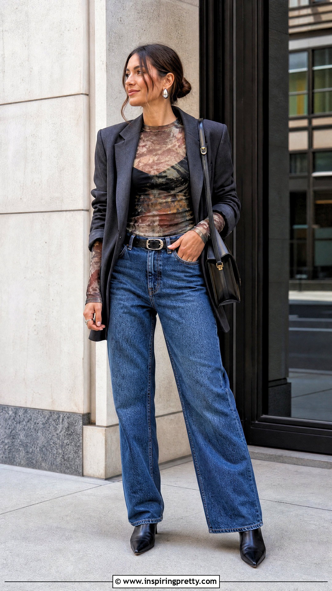 Mesh Top With Oversized Blazer And Jeans - 20 Mesh Top Dress To Impress Ideas
