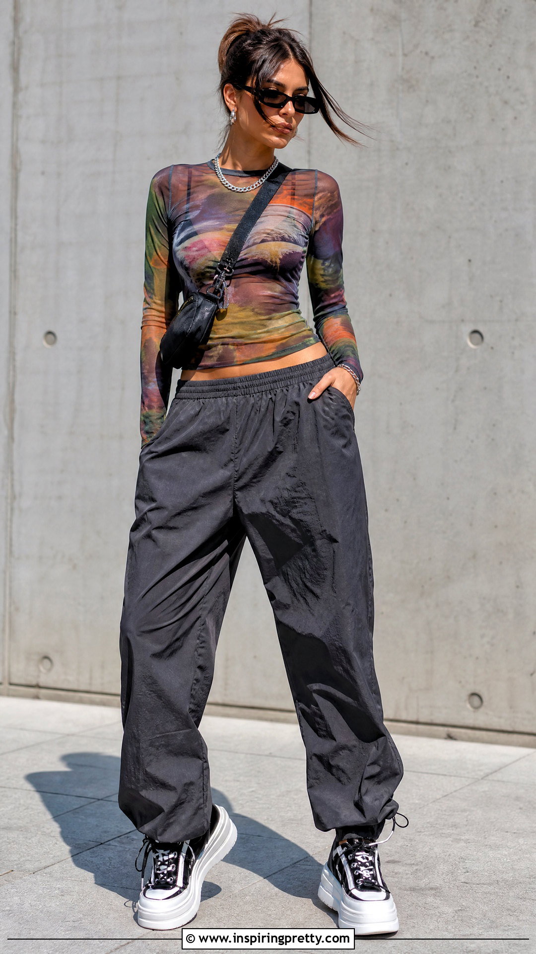 Mesh Top With Parachute Pants - 50 mesh top outfit aesthetic ideas