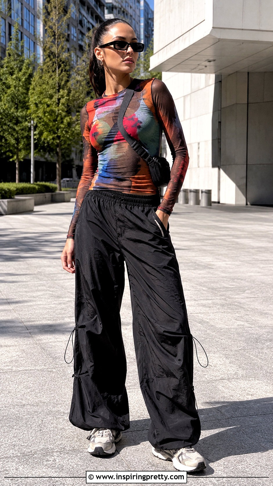 Mesh Top With Parachute Pants - 20 sheer mesh summer top outfit ideas