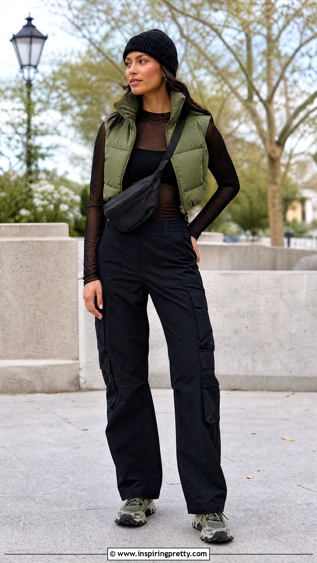 Mesh Top With Puffer Vest And Cargo Pants - 50 mesh top outfit ideas