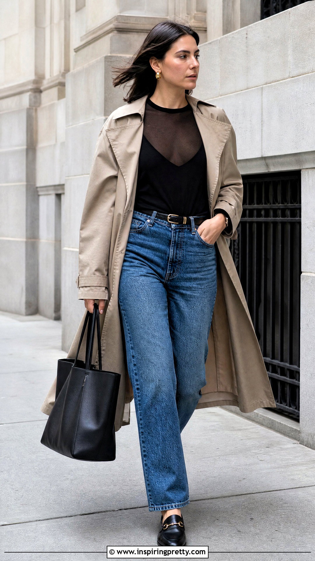Mesh Top With Trench Coat And Jeans - 50 mesh top outfit ideas