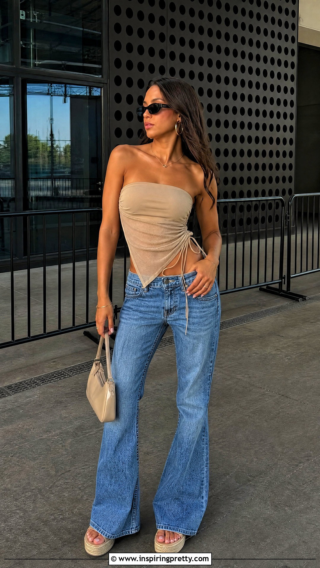 Mesh Tube Top With Low Rise Flared Jeans - 25 Lettuce Trim Drawstring Side Asymmetrical Hem Mesh Tube Asymmetrical Top outfit ideas