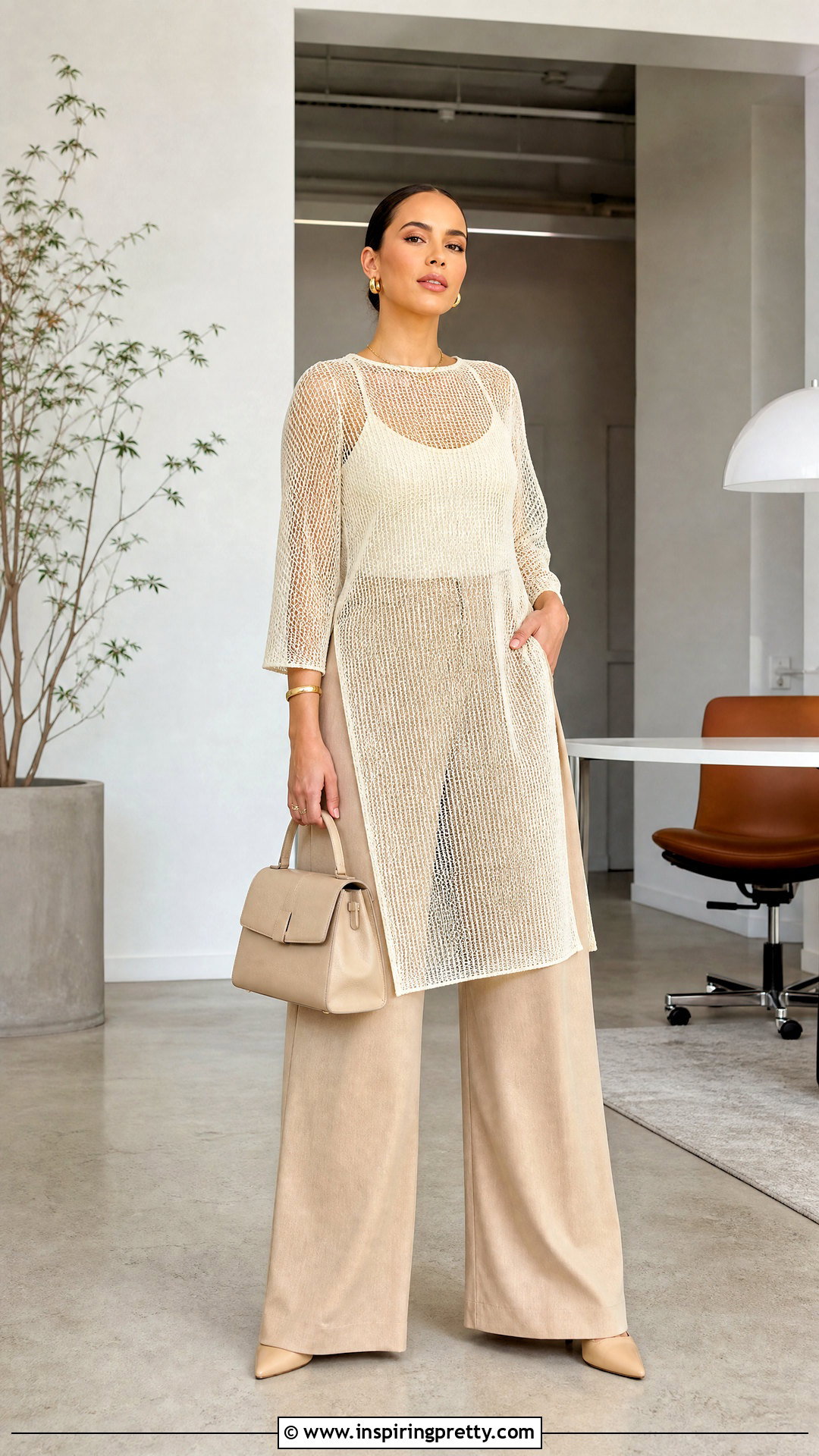 Mesh Tunic Top With Wide Leg Trousers - 20 mesh tunic top outfit ideas