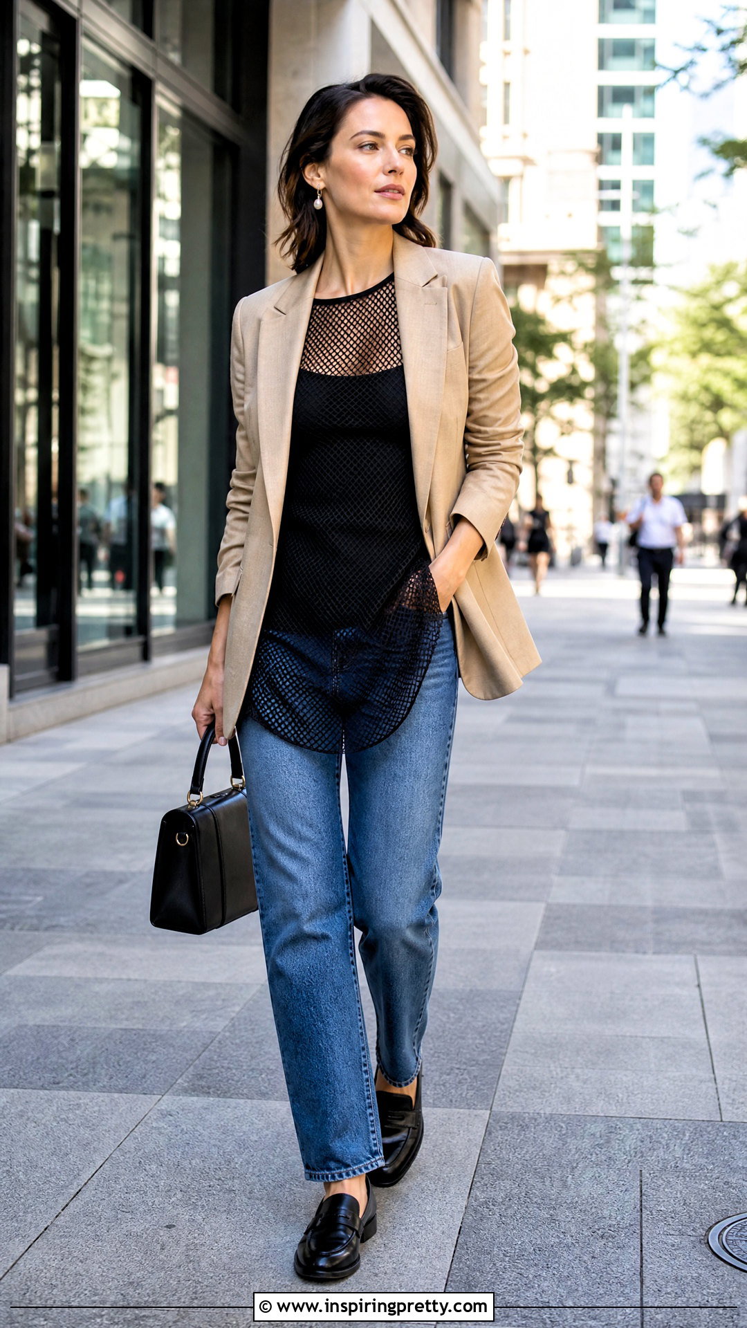 Mesh Tunic Top With a Blazer and Jeans - 20 mesh tunic top outfit ideas