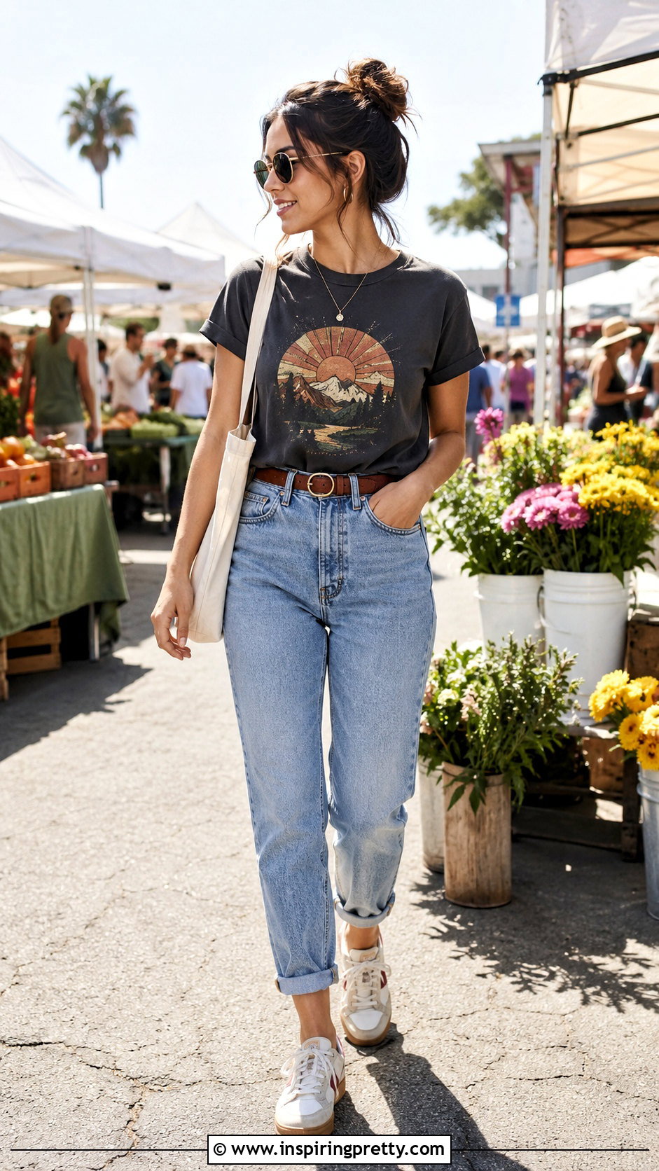 Messy Bun With Mom Jeans And Graphic Tee - 50 hairstyles for jeans and tops
