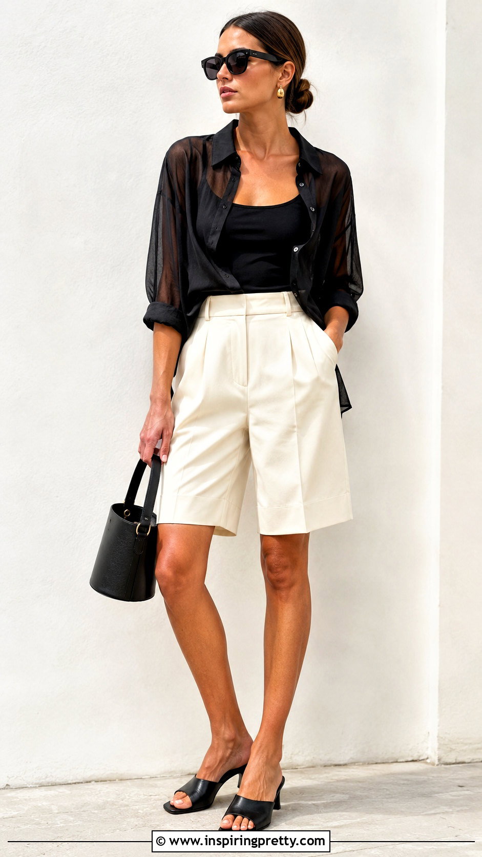 Messy French Top With Tailored Shorts And Mules - 25 Messy French Top outfit ideas