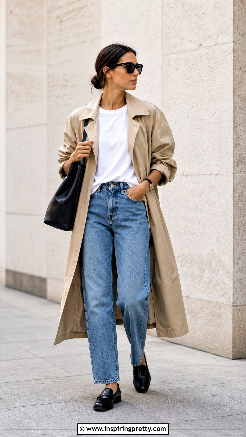 Messy French Top With Trench Coat Jeans And Loafers - 25 Messy French Top outfit ideas