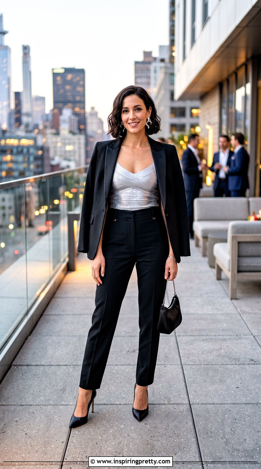 Metallic Bandage Top With Tailored Black Pants - 25 herve leger bandage top outfit ideas