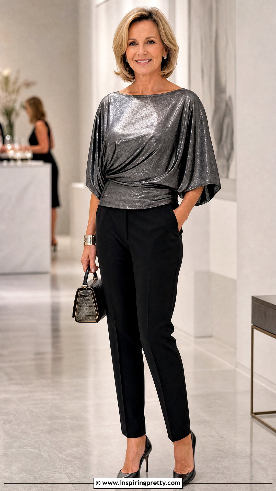 Metallic Batwing Party Top With Tapered Trousers - 50 party tops outfit ideas