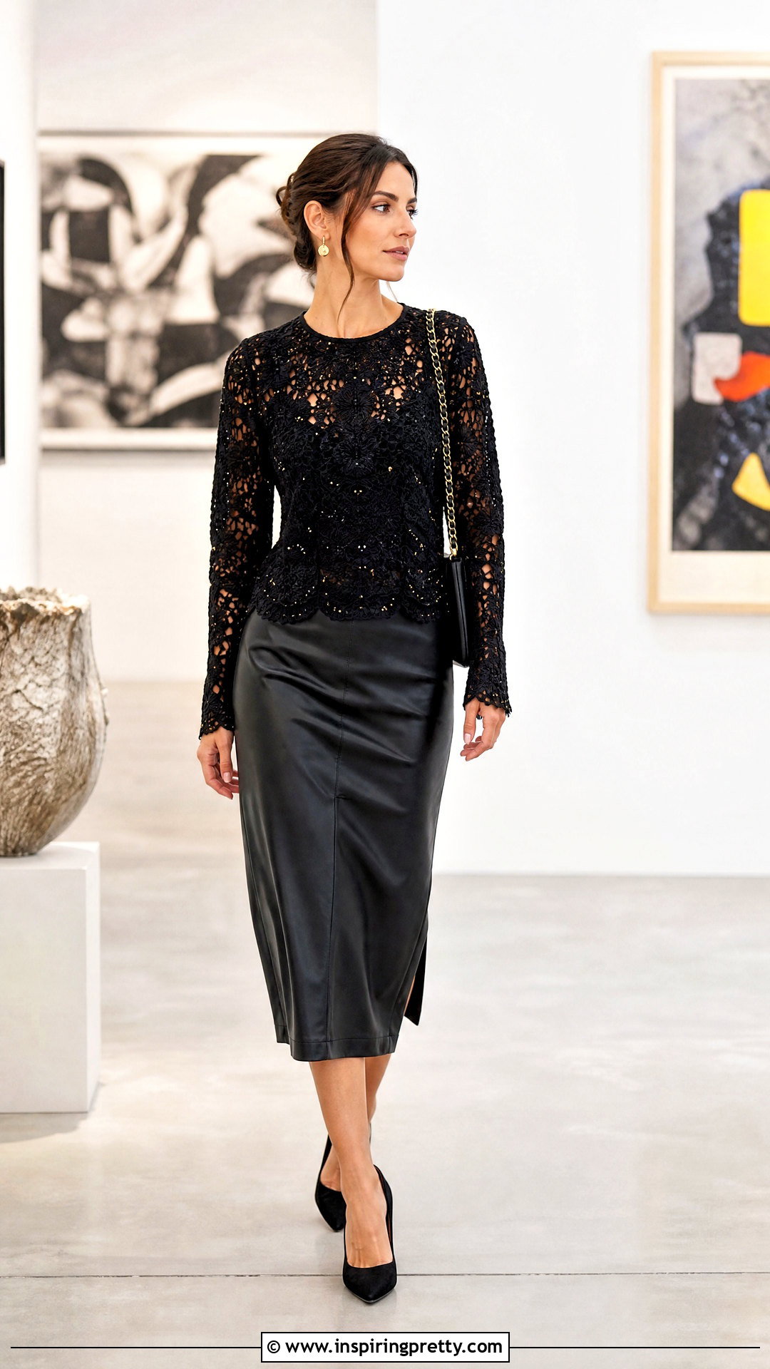 Metallic Beaded Crochet Lace Top With Faux Leather Skirt - 20 crochet lace top with beads