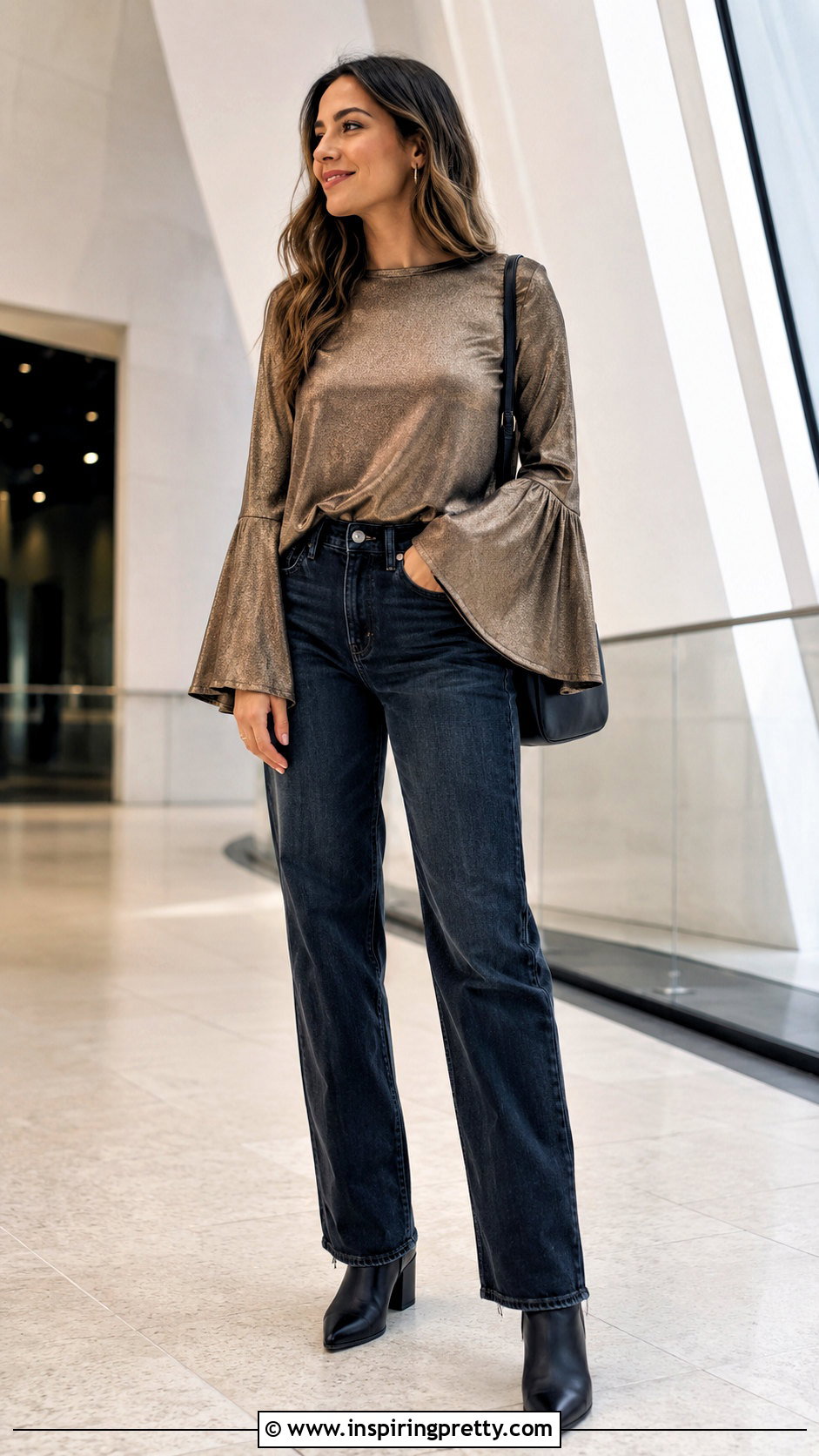 Metallic Bell Sleeve Top With Dark Jeans - 50 bell sleeve top outfit ideas