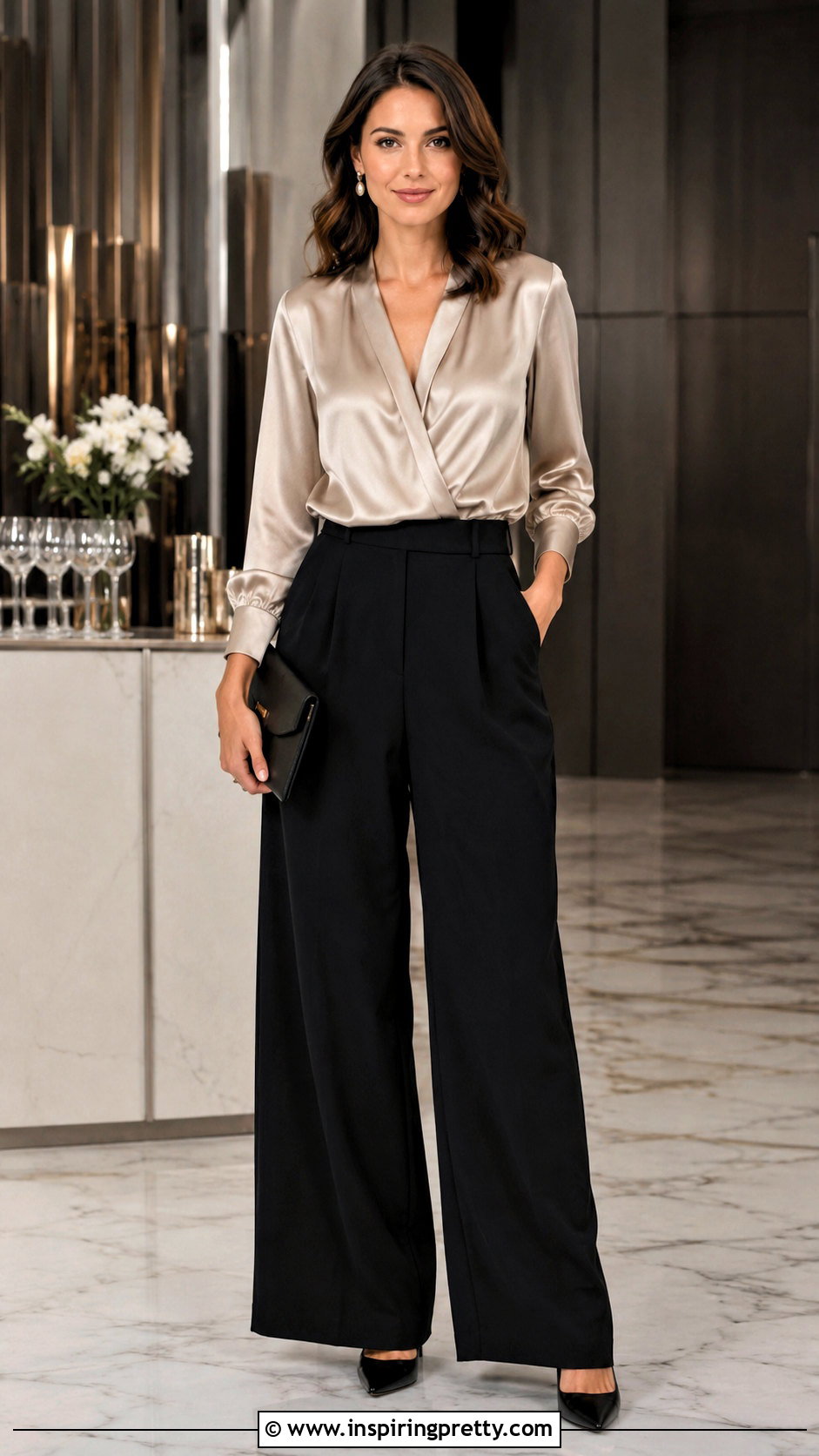 Metallic Blouse With Black Tailored Pants - 50 formal tops outfit ideas