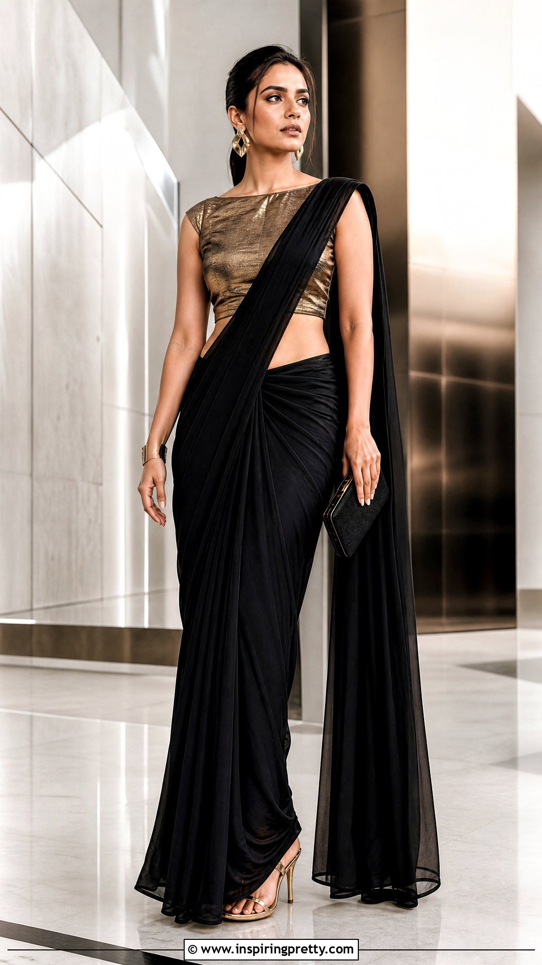 Metallic Boat Neck Crop Top Blouse With Black Saree - 20 Crop Top Blouse Designs Latest Boat Necks