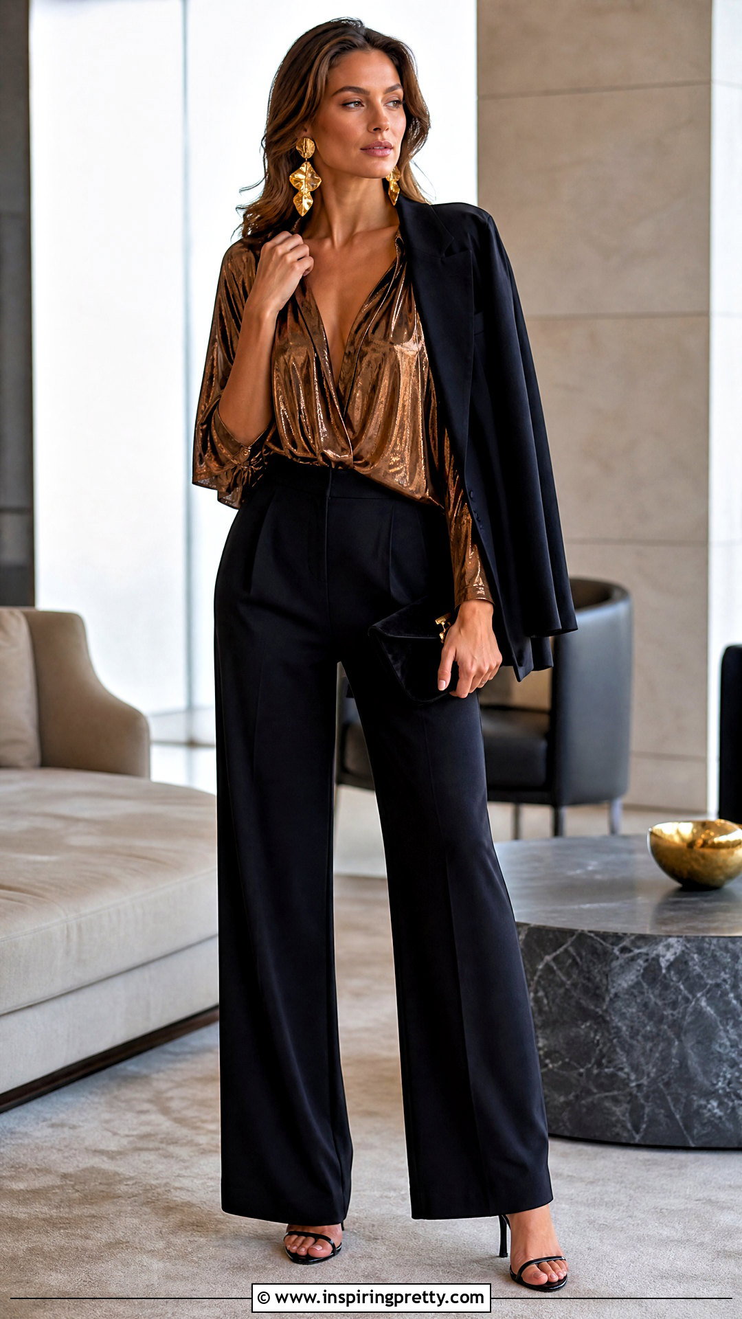 Metallic Boho Going Out Top With Black Trousers - 25 boho going out tops outfit ideas