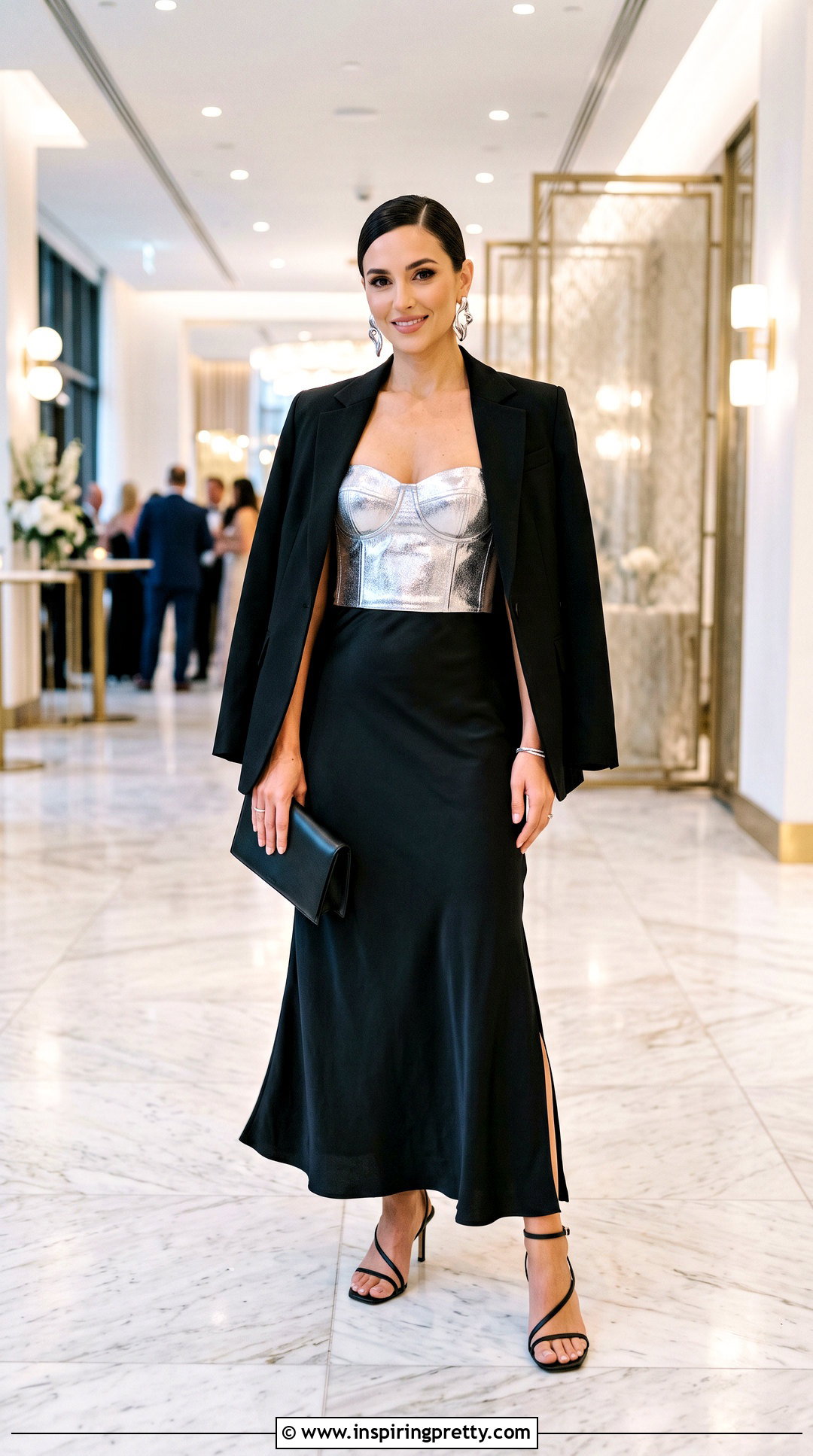 Metallic Bustier Top With Black Maxi Skirt - 50 bustier top outfits