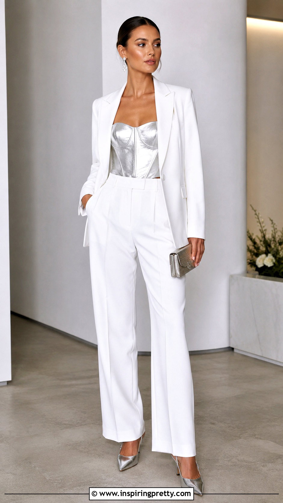 Metallic Corset Top With White Pantsuit - 20 corset top pantsuit outfit ideas