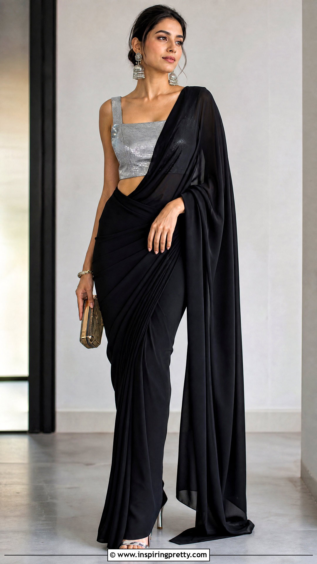 Metallic Crop Top Blouse With Black Saree - 50 latest crop top blouse designs