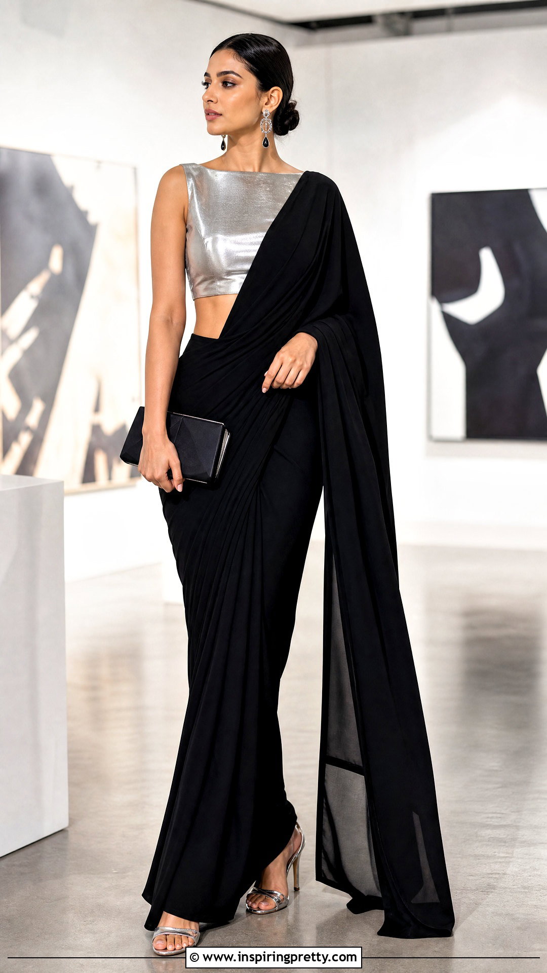 Metallic Crop Top Blouse With Black Saree - 20 crop top blouse for saree outfit ideas