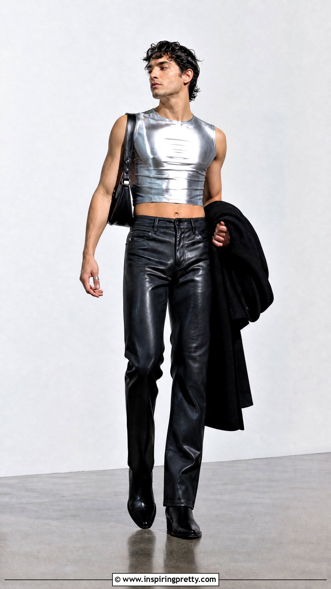 Metallic Crop Top With Coated Jeans - 50 male crop top outfit ideas