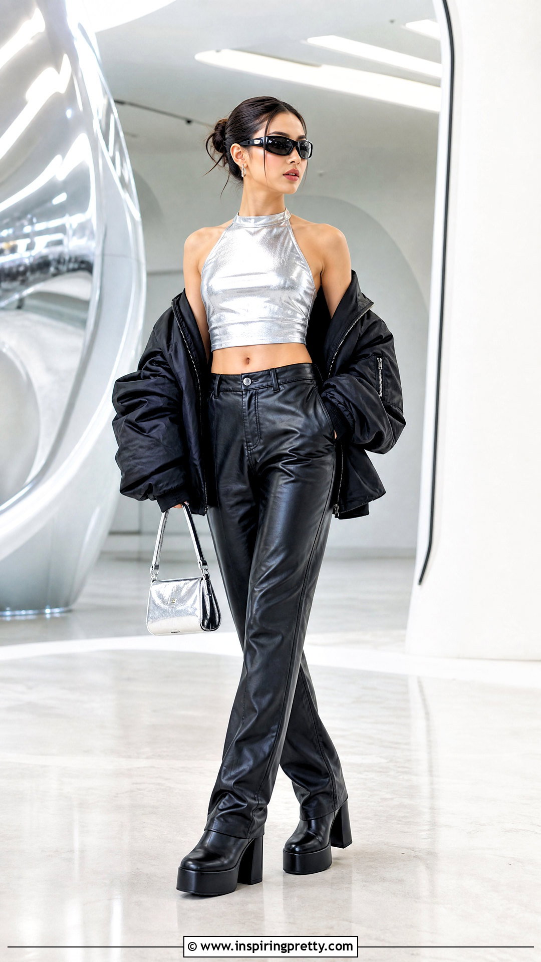 Metallic Crop Top With Faux Leather Pants - 20 crop top y2k outfits
