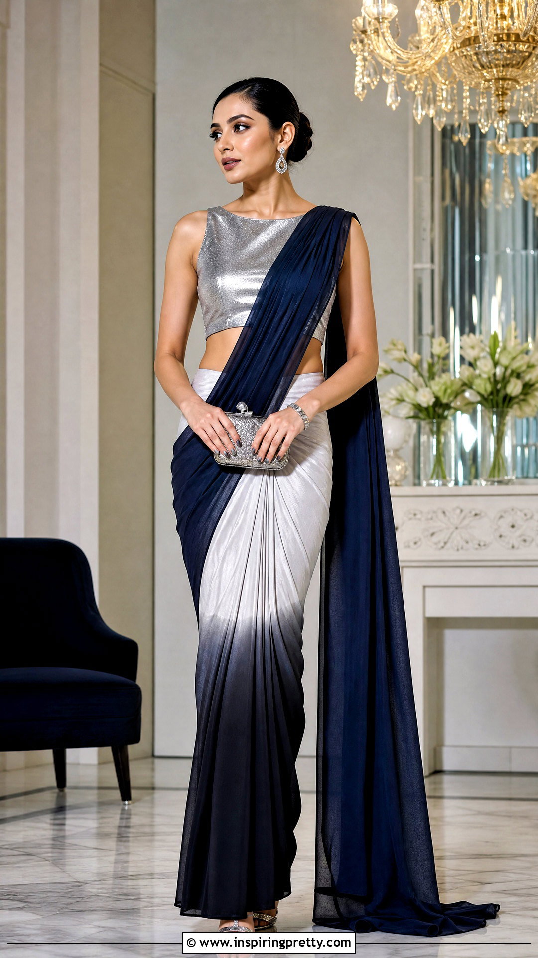 Metallic Crop Top With Monochrome Saree - 50 saree with crop top outfit ideas