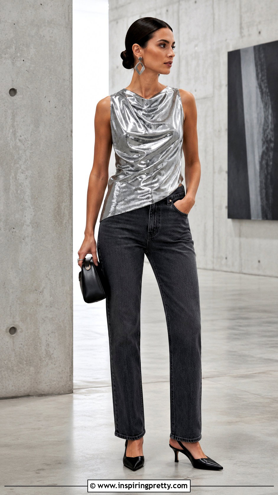 Metallic Draped Top With Gray Jeans - 50 fancy tops designs for jeans